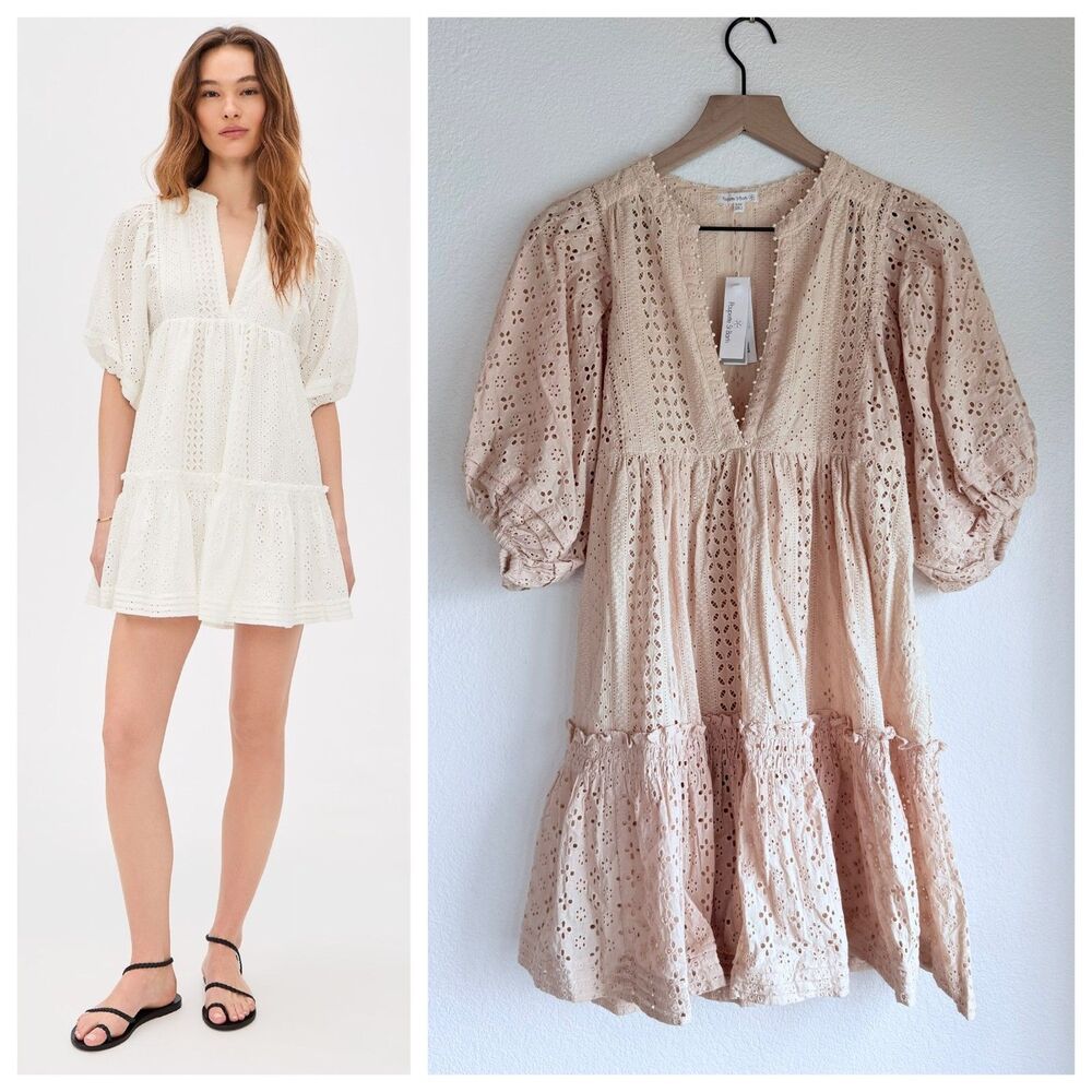 NWT Poupette St Barth Aria Mini Dress Cream Beige Eyelet Boho Resort S/M